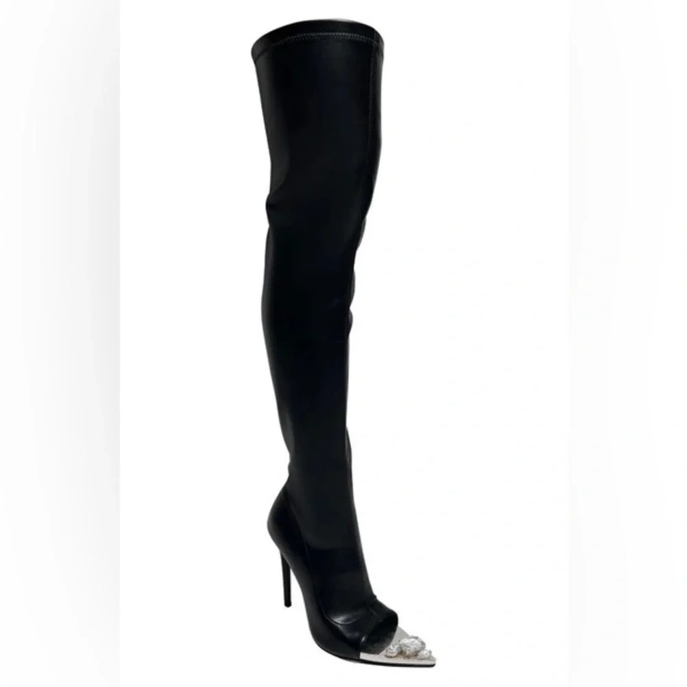 Azalea Wang “Clover” Over-the-Knee Peep-Toe Boots Size 9 Black